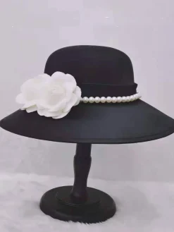 Hot Retro Stage Black Pearls Flowers Solid Hat