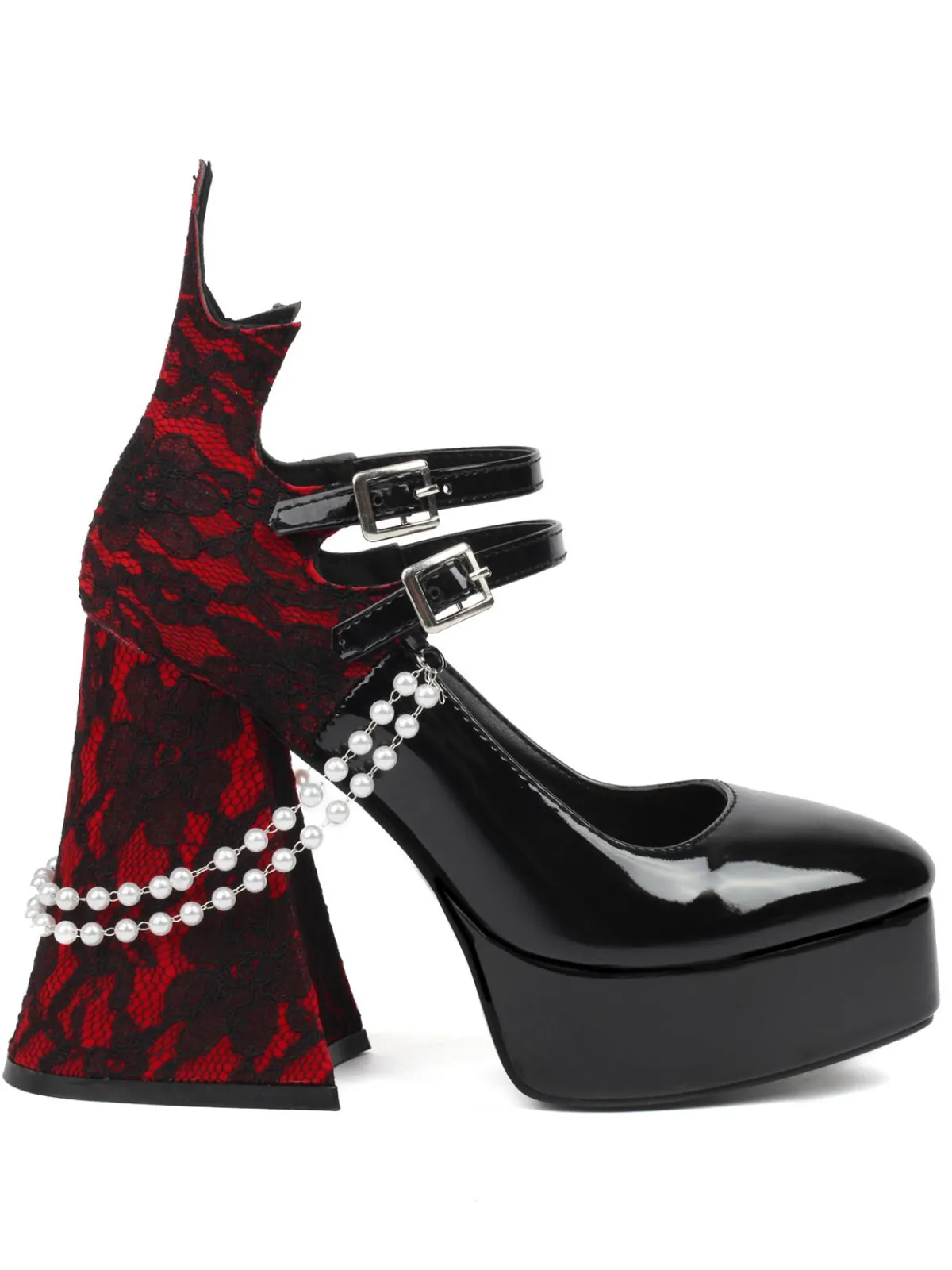 New Retro Stage Retro Pearl Lace Gothic High Heel Shoes Black