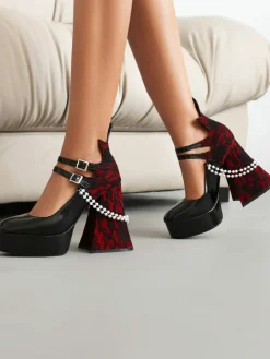 New Retro Stage Retro Pearl Lace Gothic High Heel Shoes Black