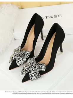 Fashion Retro Stage Rhinestone Satin Pointed Toe Stiletto Heels Black
