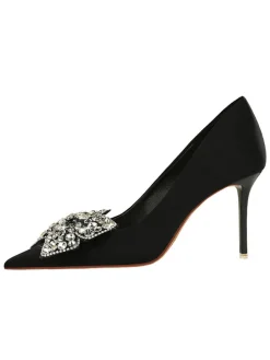 Fashion Retro Stage Rhinestone Satin Pointed Toe Stiletto Heels Black