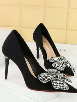 Fashion Retro Stage Rhinestone Satin Pointed Toe Stiletto Heels Black
