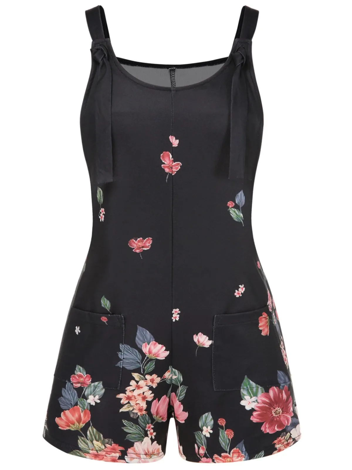 Online Retro Stage 1950s Adjustable Straps Floral Romper Black