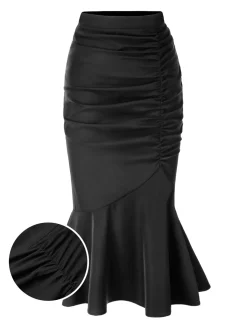Discount Retro Stage 1930s Asymmetric Pleated Fishtail Skirt Black