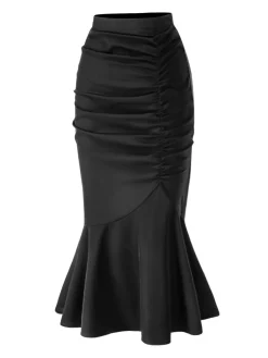 Discount Retro Stage 1930s Asymmetric Pleated Fishtail Skirt Black
