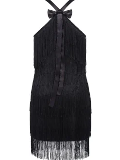 Clearance Retro Stage 1920s Back Bow Tassel Flapper Dress Black