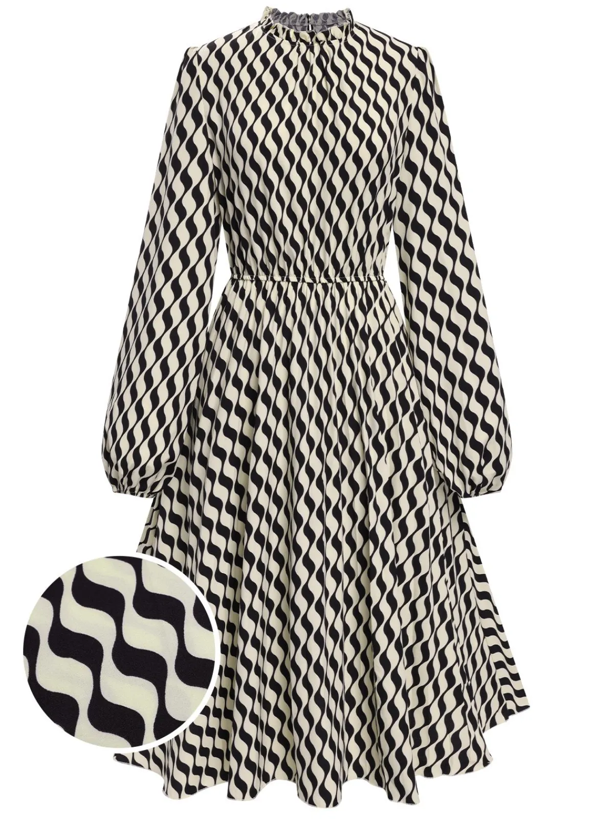 New Retro Stage 1940s Balloon Sleeve Pleated Chevron Dress Black