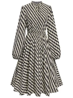 New Retro Stage 1940s Balloon Sleeve Pleated Chevron Dress Black