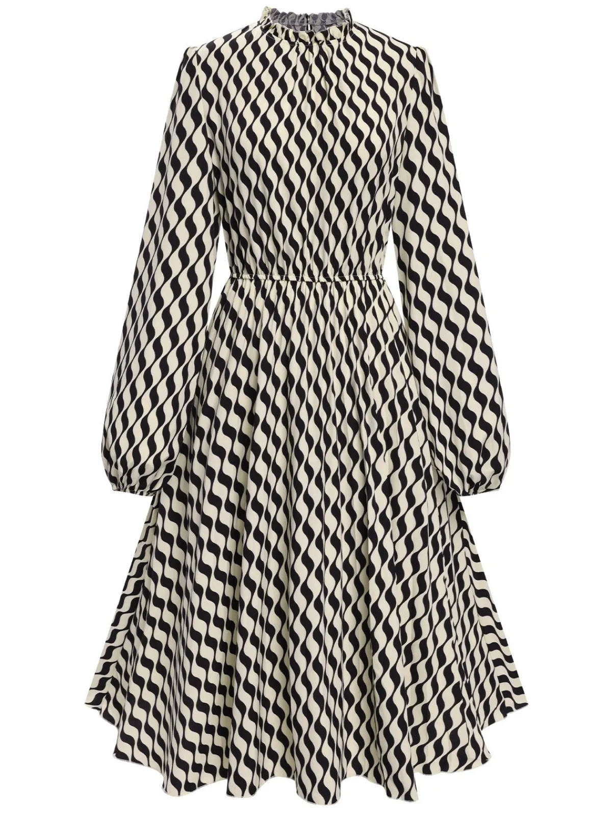 New Retro Stage 1940s Balloon Sleeve Pleated Chevron Dress Black