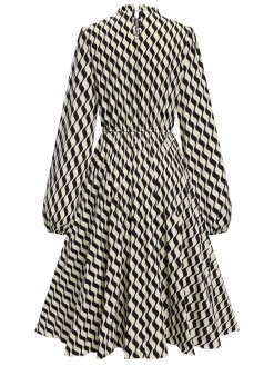 New Retro Stage 1940s Balloon Sleeve Pleated Chevron Dress Black