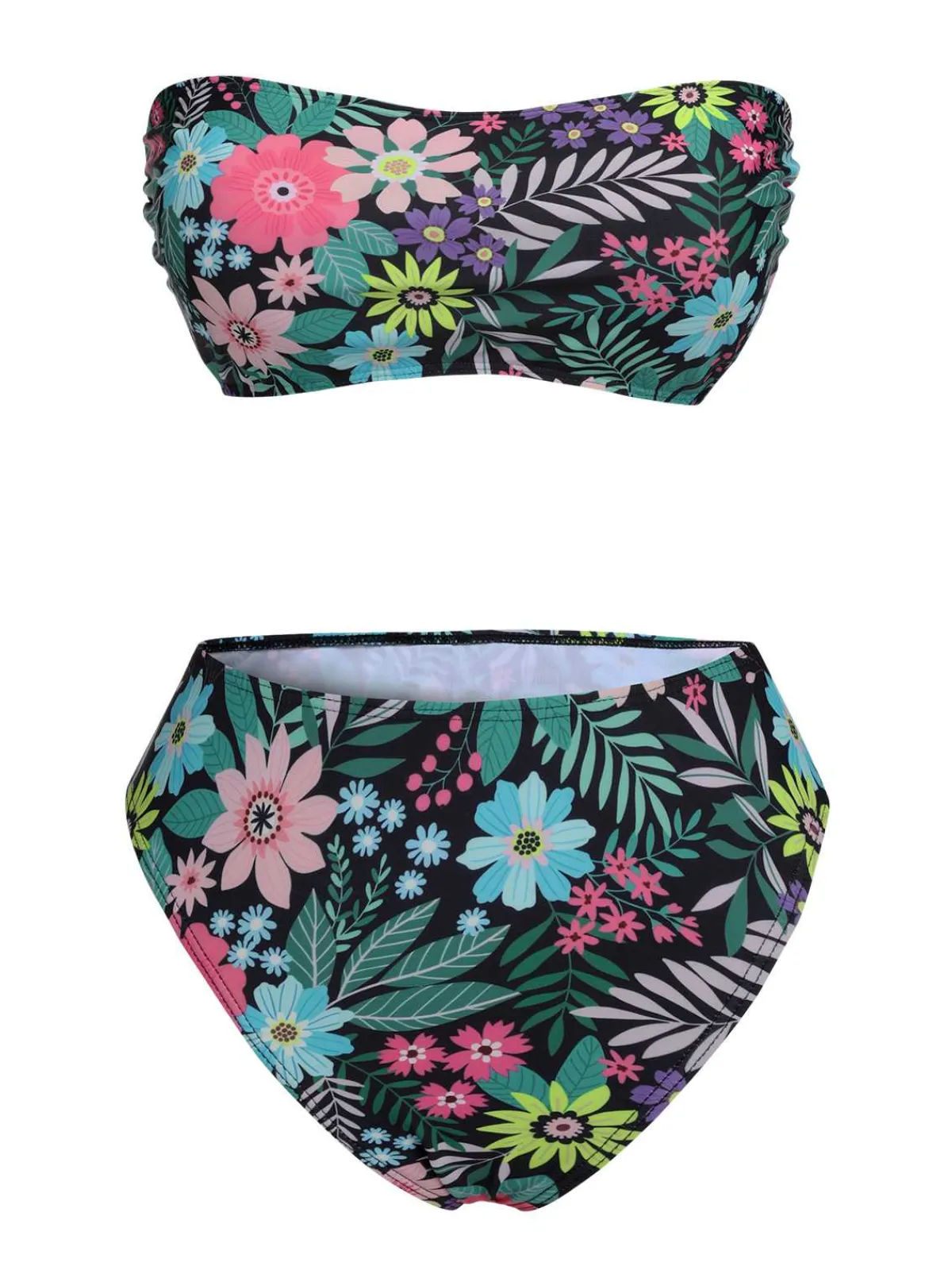 Clearance Retro Stage 1950s Bandeau Floral Swimsuit Black