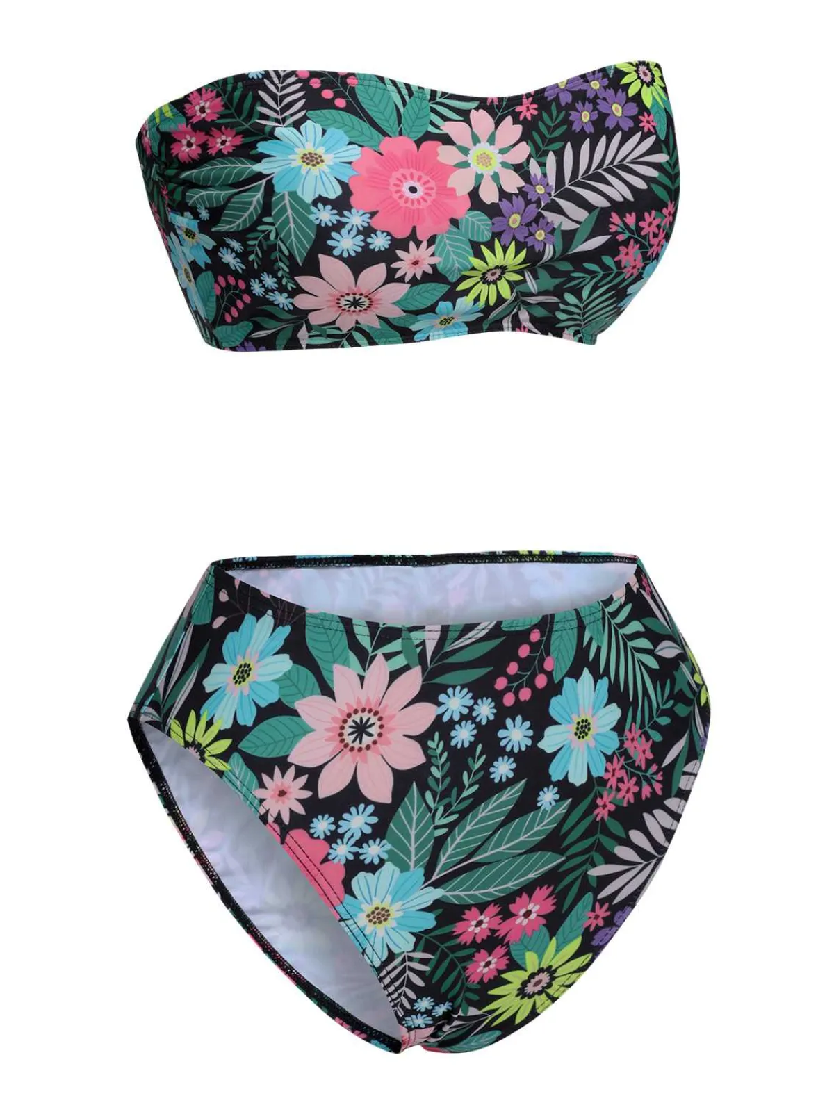 Clearance Retro Stage 1950s Bandeau Floral Swimsuit Black