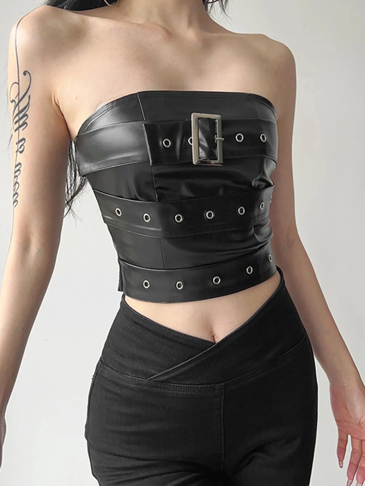 Best Retro Stage 1980s Bandeau Punk Leather Top Black