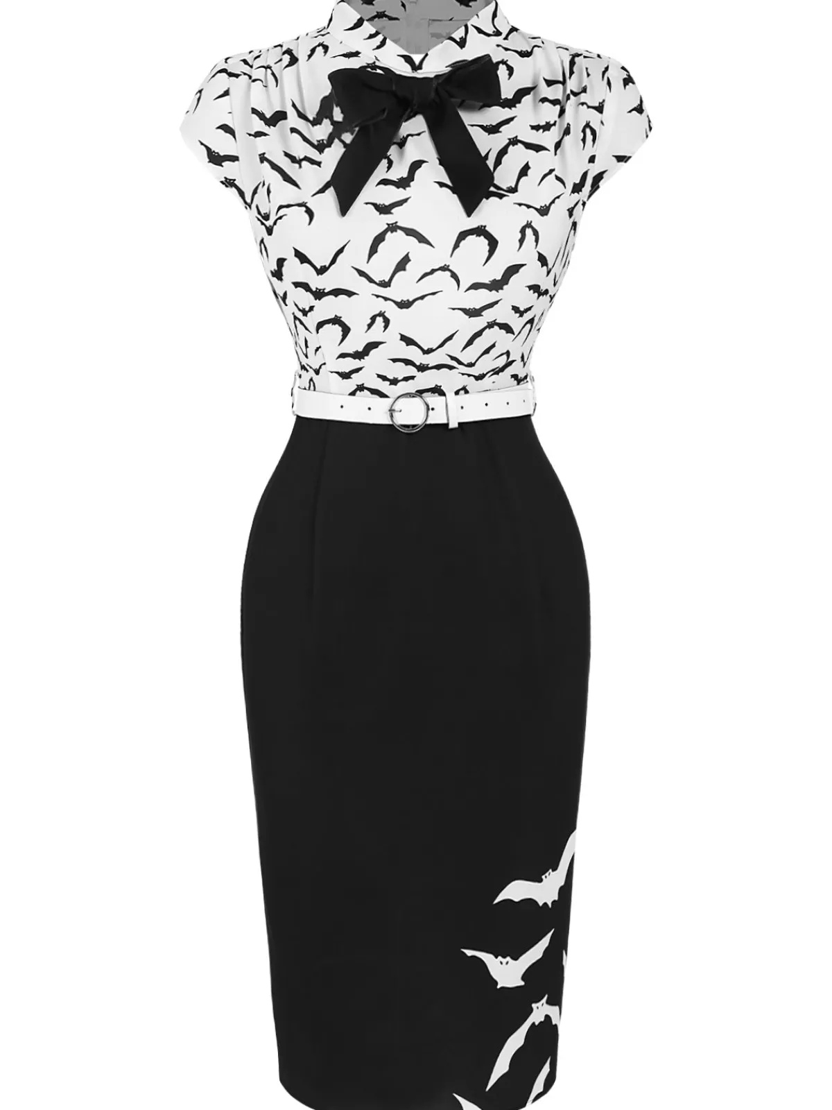 Online Retro Stage 1960s Bats Bow Lapel Pencil Dress Black