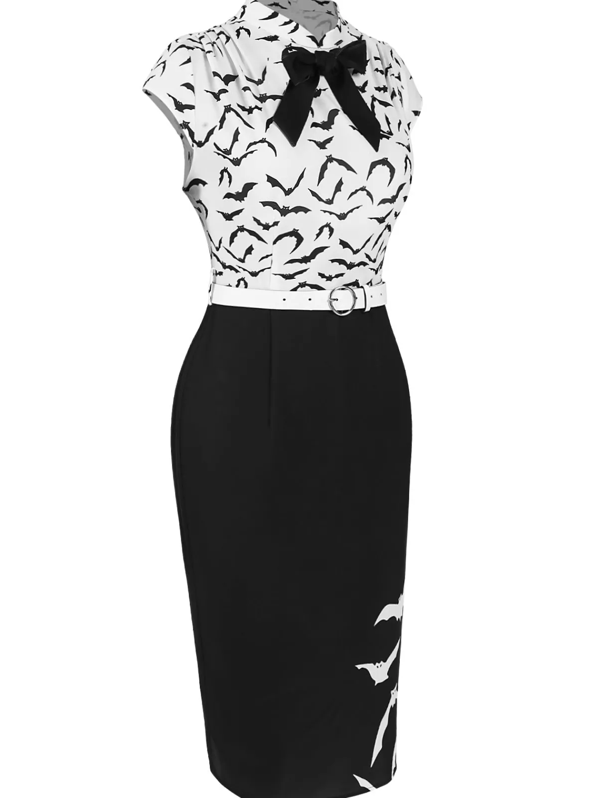 Online Retro Stage 1960s Bats Bow Lapel Pencil Dress Black