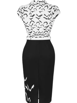 Online Retro Stage 1960s Bats Bow Lapel Pencil Dress Black