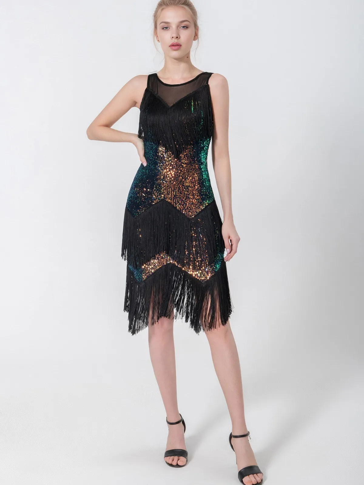Outlet Retro Stage 1920s Beading Sleeveless Fringed Hem Dress Black