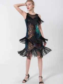 Outlet Retro Stage 1920s Beading Sleeveless Fringed Hem Dress Black