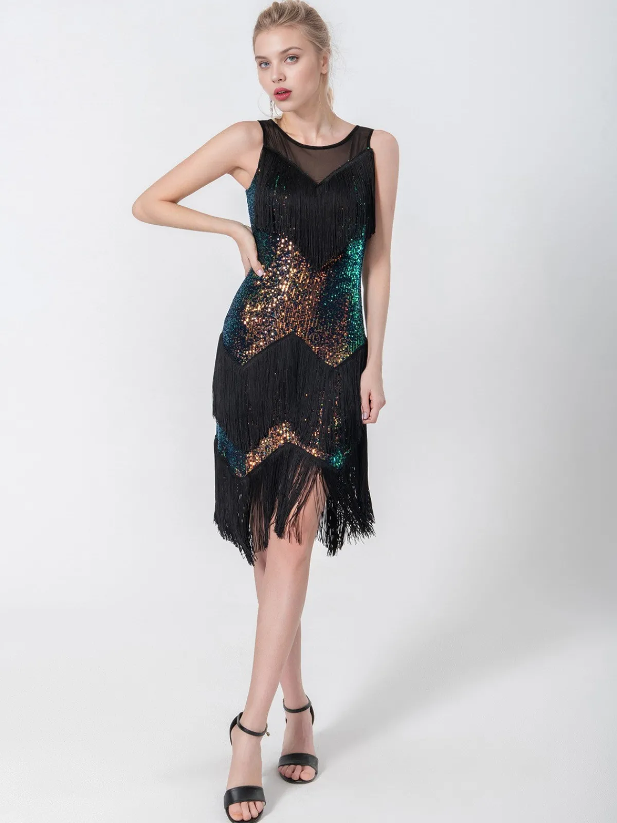 Outlet Retro Stage 1920s Beading Sleeveless Fringed Hem Dress Black