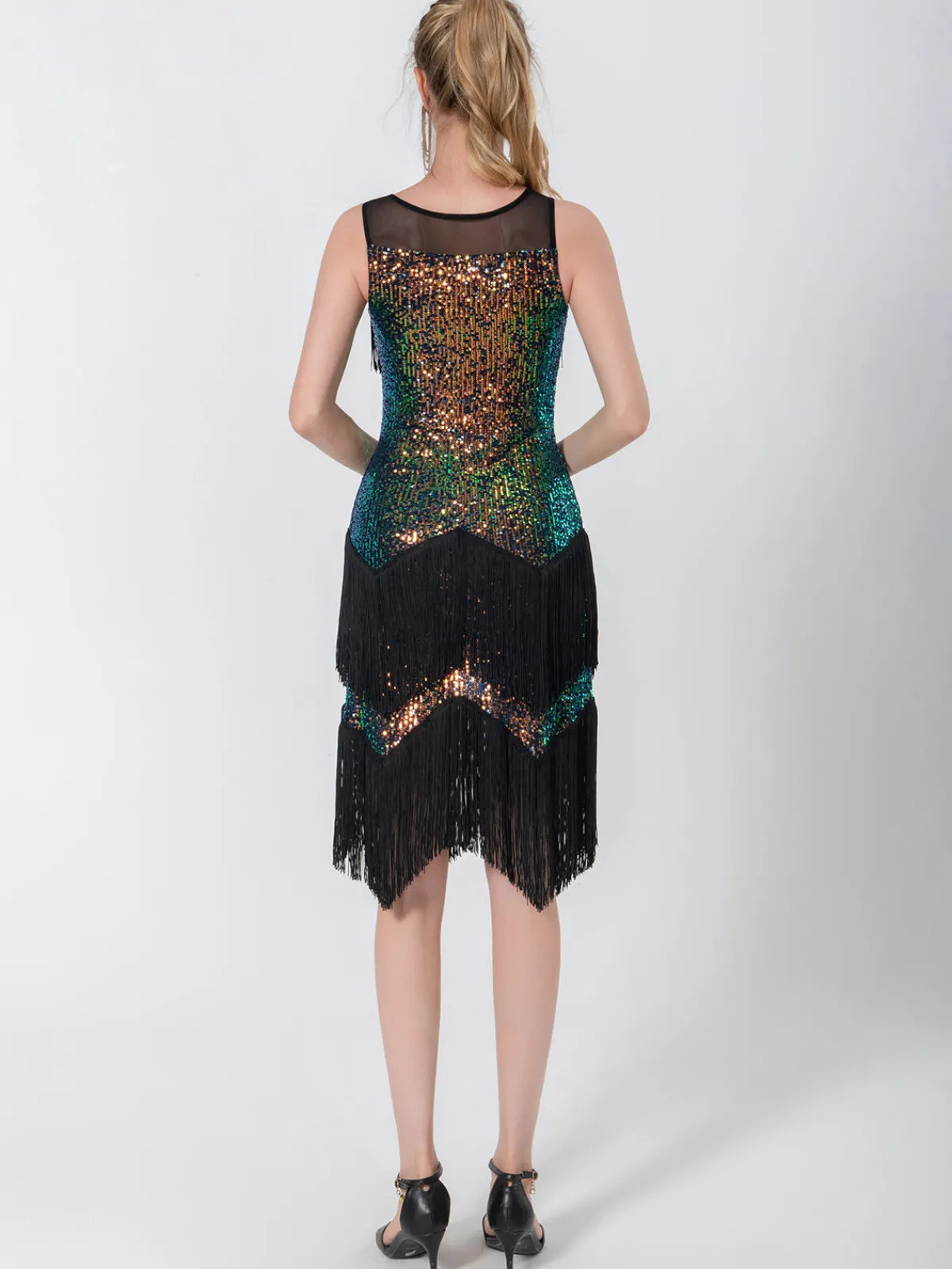Outlet Retro Stage 1920s Beading Sleeveless Fringed Hem Dress Black