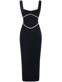 Sale Retro Stage 1930s Binding Square Neck Bodycon Dress Black