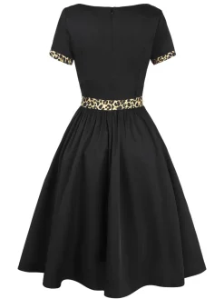 Fashion Retro Stage 1950s Boat Neck Leopard Patchwork Dress Black
