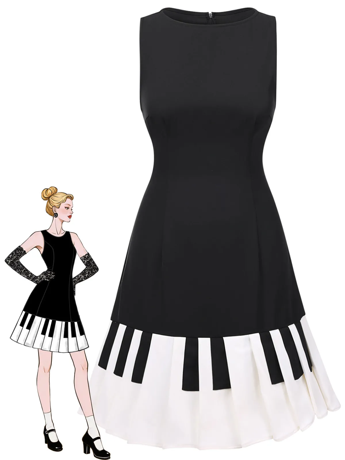 Sale Retro Stage 1960s Boat Neck Piano Key Patchwork Dress Black