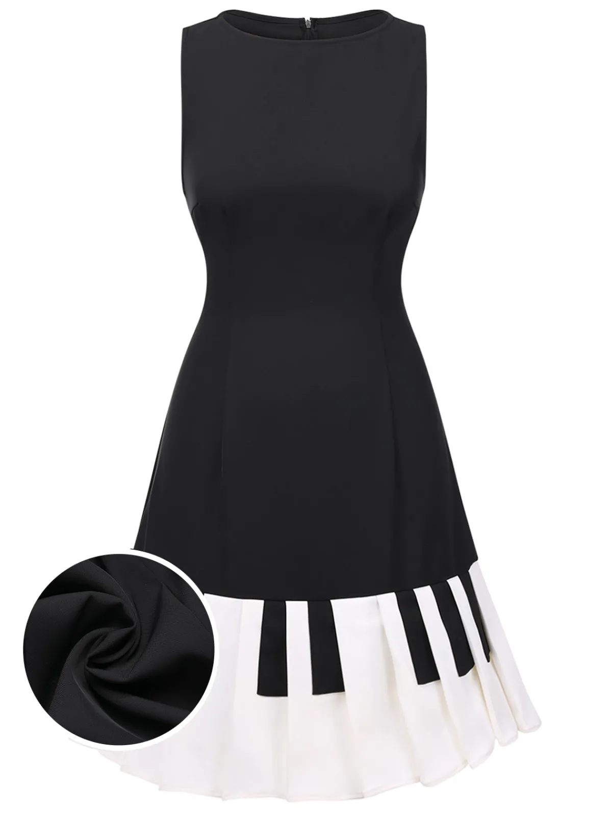 Sale Retro Stage 1960s Boat Neck Piano Key Patchwork Dress Black