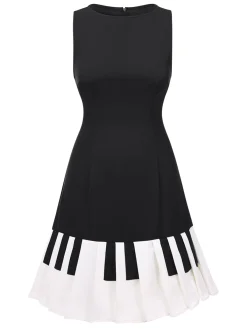 Sale Retro Stage 1960s Boat Neck Piano Key Patchwork Dress Black