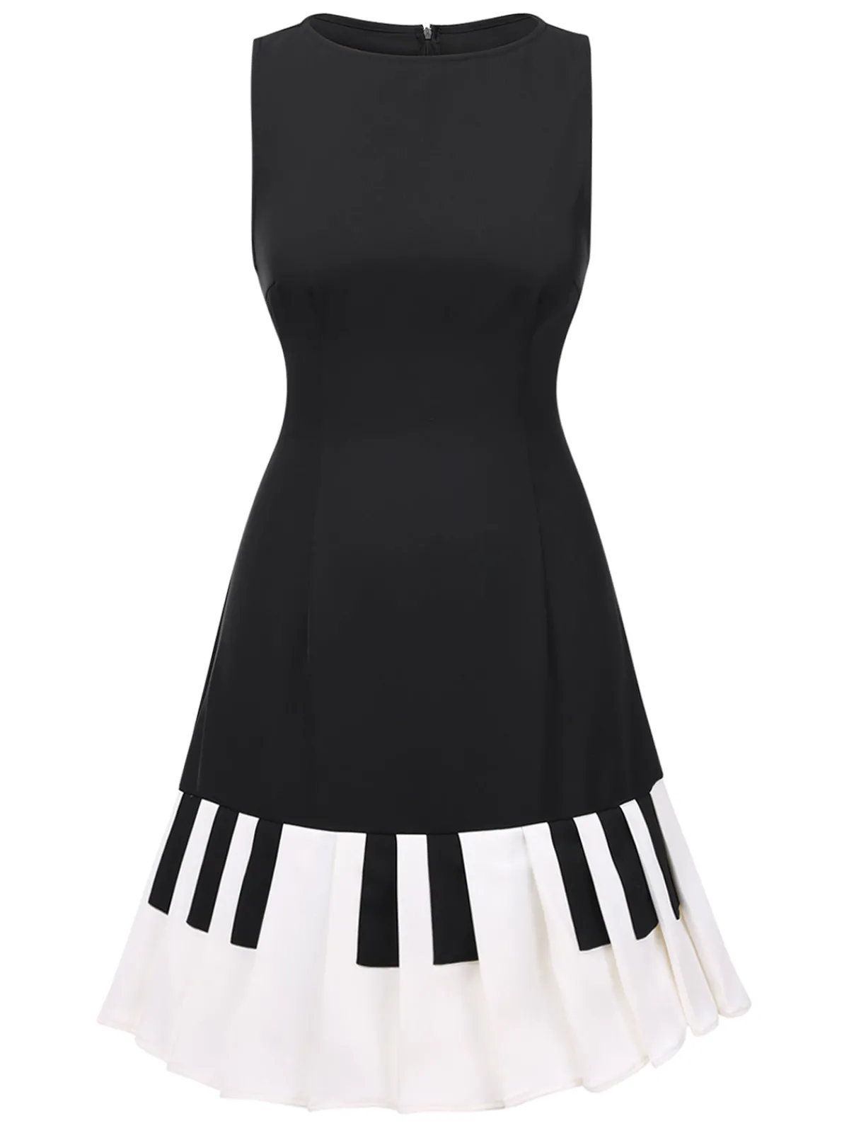 Sale Retro Stage 1960s Boat Neck Piano Key Patchwork Dress Black