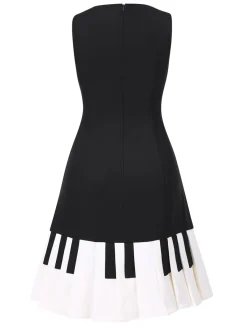 Sale Retro Stage 1960s Boat Neck Piano Key Patchwork Dress Black