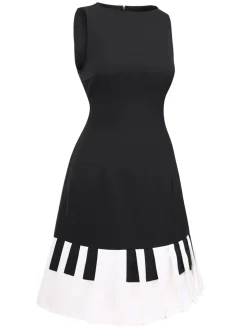 Sale Retro Stage 1960s Boat Neck Piano Key Patchwork Dress Black