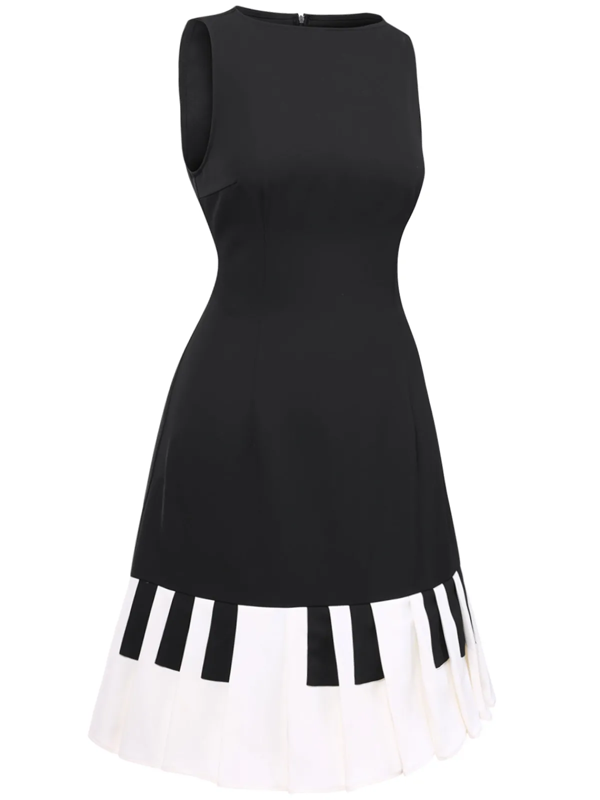 Sale Retro Stage 1960s Boat Neck Piano Key Patchwork Dress Black