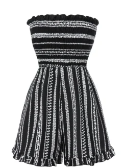Discount Retro Stage 1970s Boho Striped Strapless Romper Black