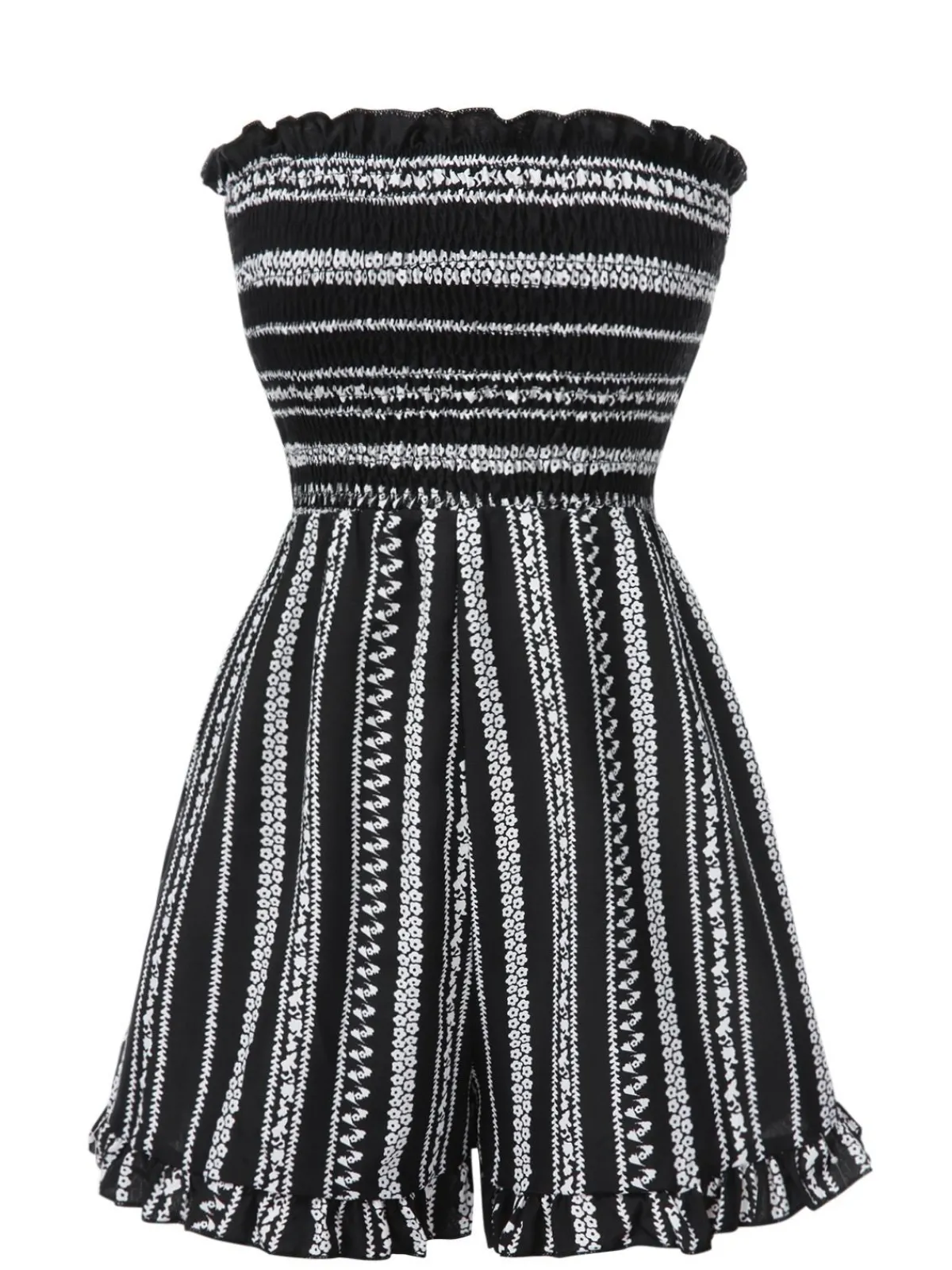 Discount Retro Stage 1970s Boho Striped Strapless Romper Black