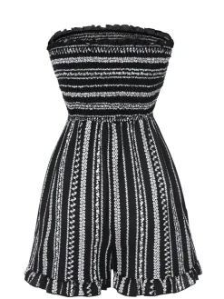 Discount Retro Stage 1970s Boho Striped Strapless Romper Black
