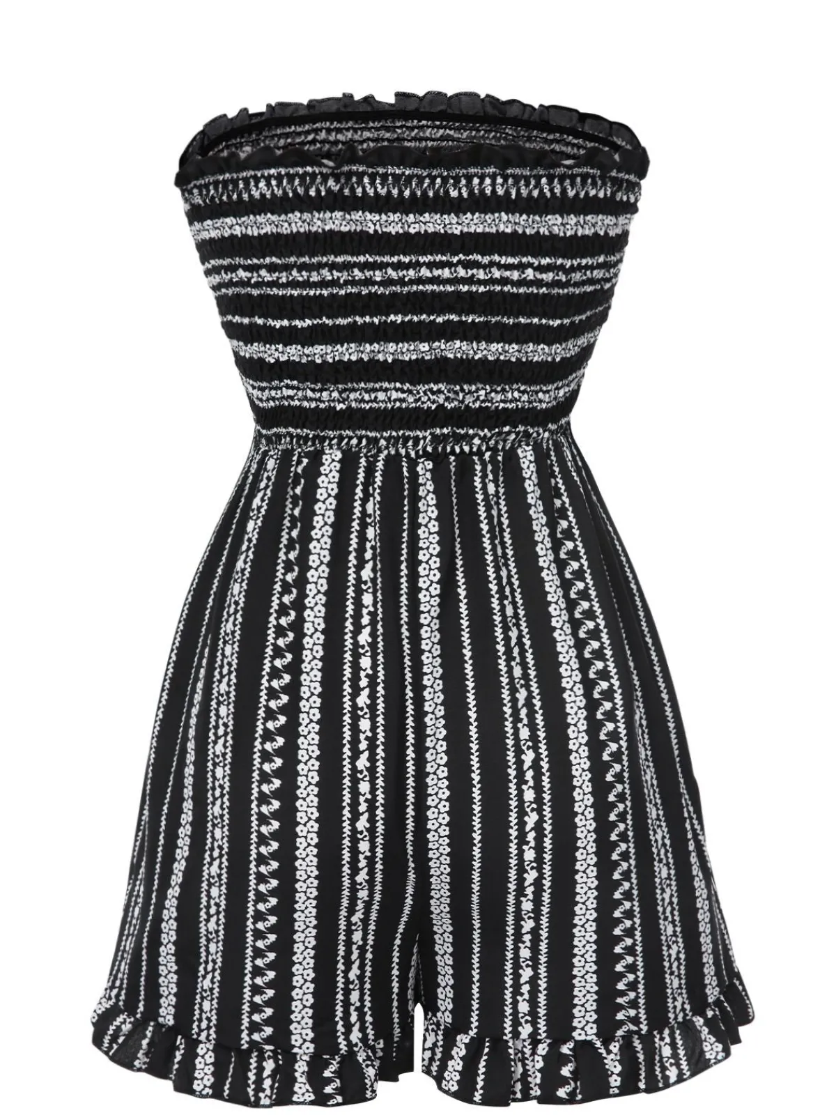 Discount Retro Stage 1970s Boho Striped Strapless Romper Black
