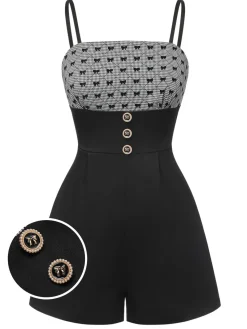 Online Retro Stage 1950s Bow Button Patchwork Strap Romper Black