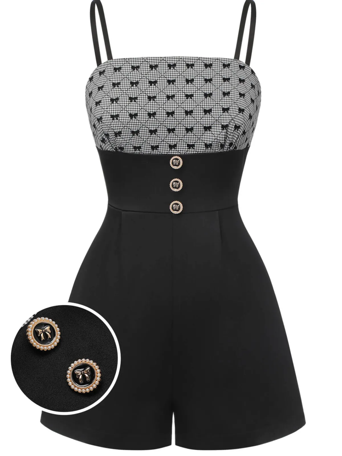 Online Retro Stage 1950s Bow Button Patchwork Strap Romper Black