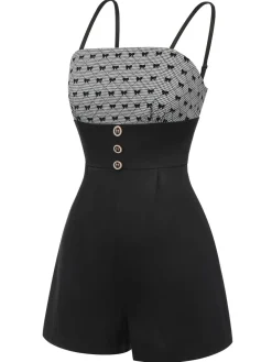 Online Retro Stage 1950s Bow Button Patchwork Strap Romper Black