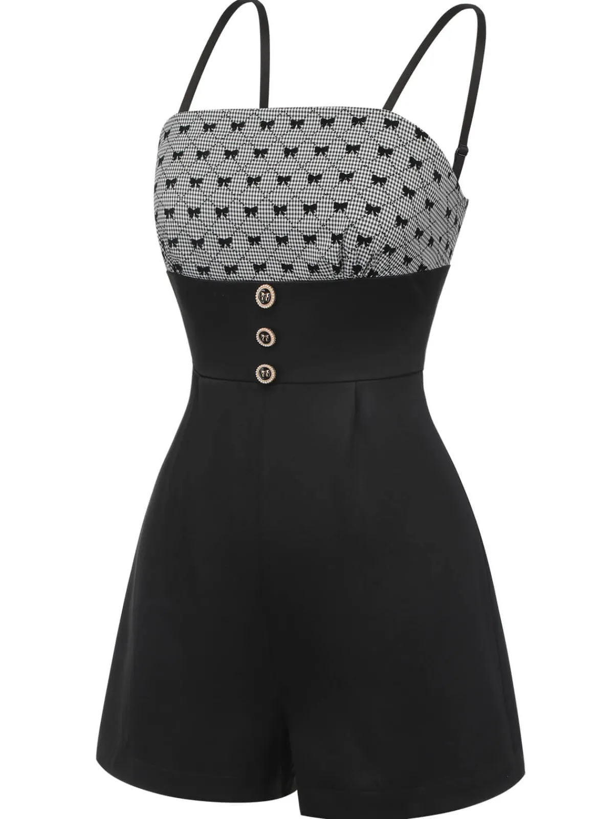 Online Retro Stage 1950s Bow Button Patchwork Strap Romper Black