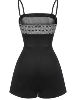 Online Retro Stage 1950s Bow Button Patchwork Strap Romper Black