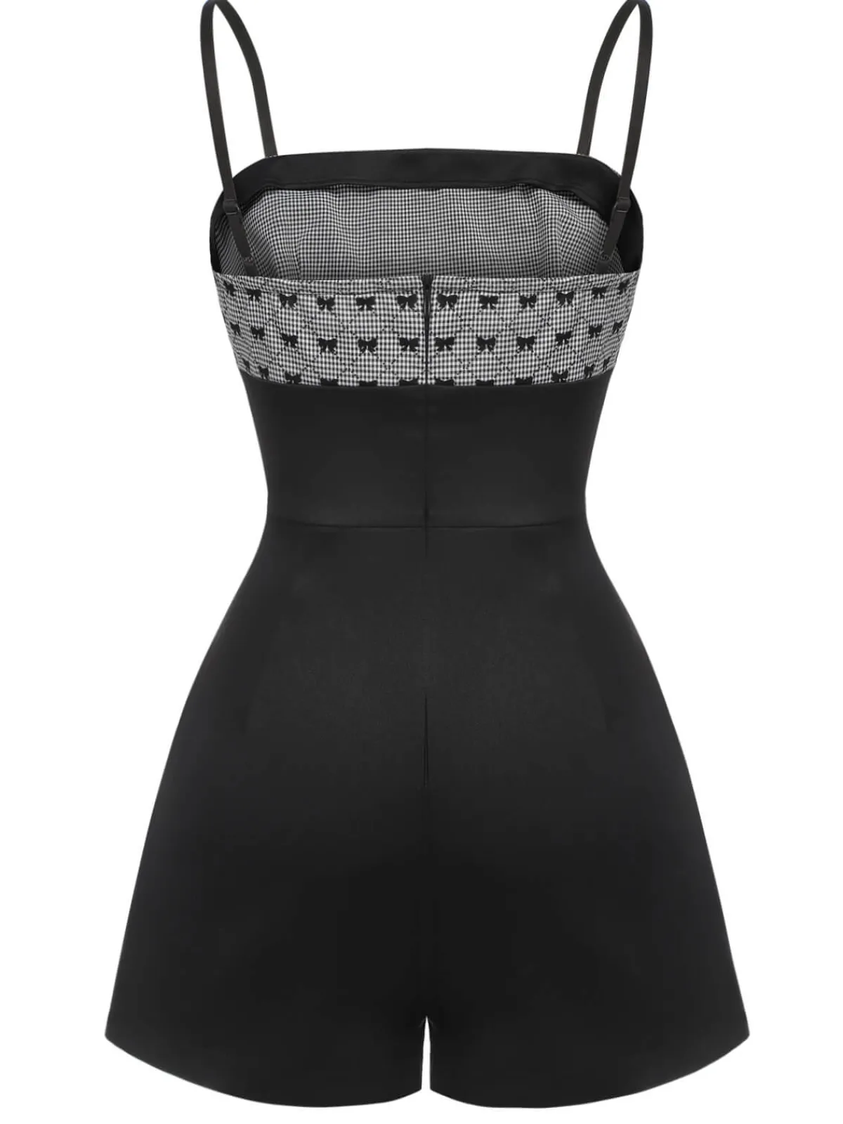 Online Retro Stage 1950s Bow Button Patchwork Strap Romper Black