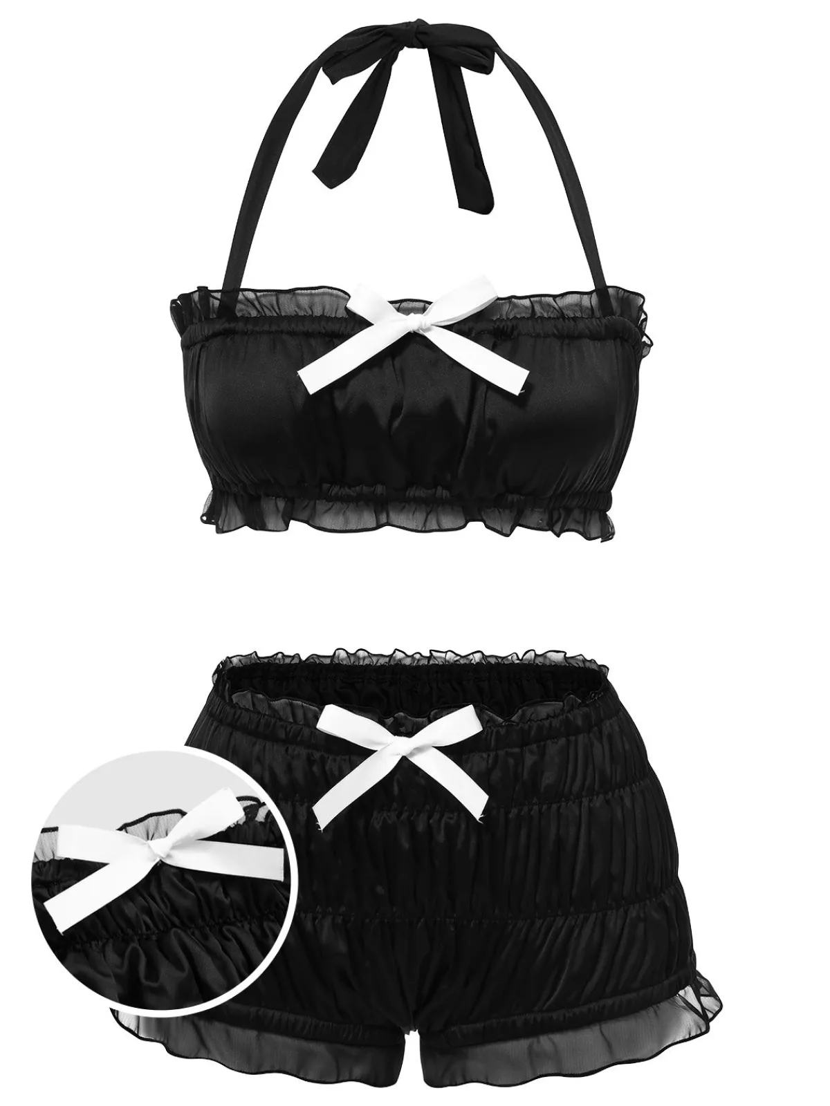 Online Retro Stage 1940s Bowknot Mesh Bandeau Swimsuit Black