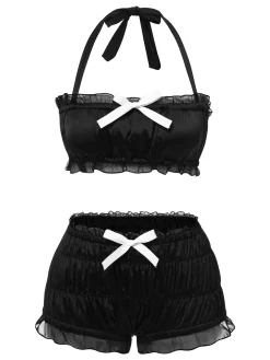 Online Retro Stage 1940s Bowknot Mesh Bandeau Swimsuit Black