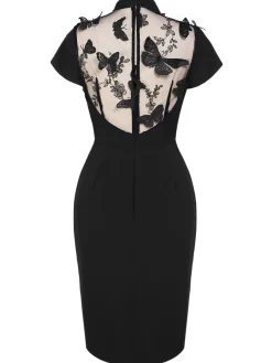 Sale Retro Stage 1960s Butterfly Backless Pencil Dress Black
