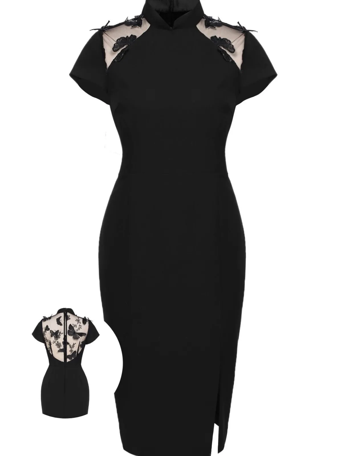 Sale Retro Stage 1960s Butterfly Backless Pencil Dress Black