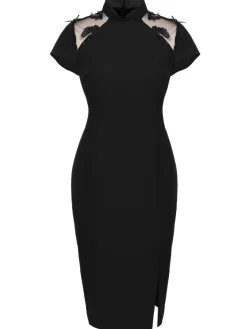 Sale Retro Stage 1960s Butterfly Backless Pencil Dress Black