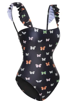 New Retro Stage 1950s Butterfly Flare Sleeve One-Piece Swimsuit Black