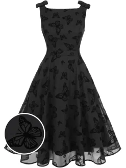 Fashion Retro Stage 1950s Butterfly Flocking Mesh Dress Black